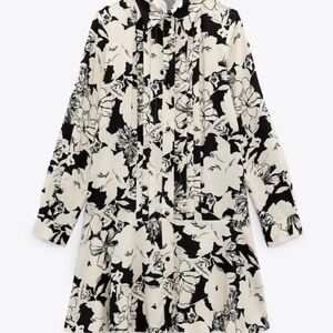 Zara Black and White Floral Long Sleeve Dress